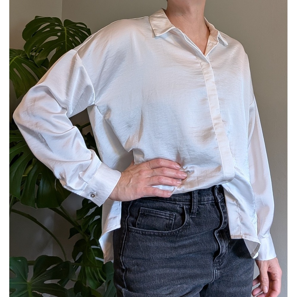 Zara‎ Women's White Satin Button Down Shirt Oversized Boxy Office Career Evening